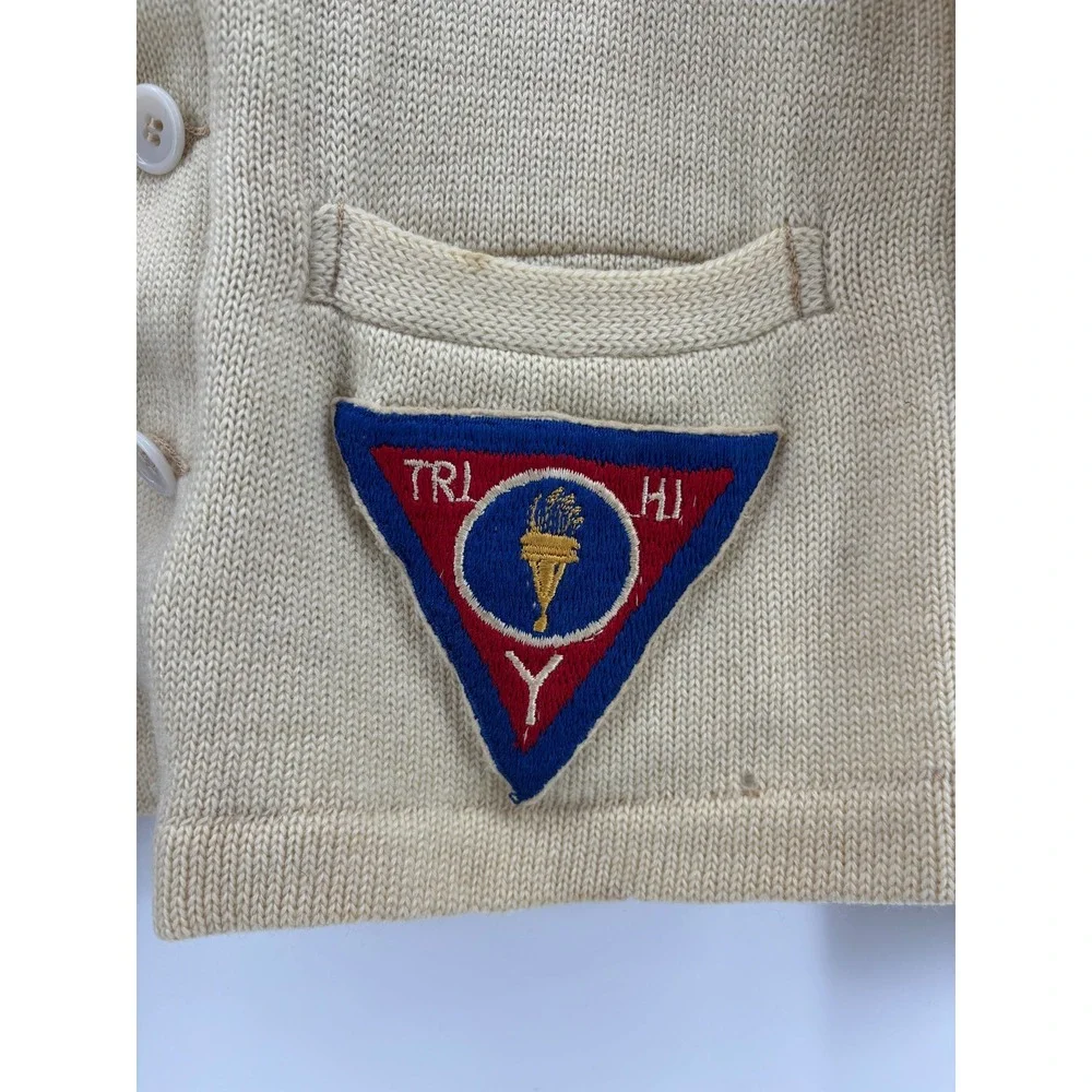 Varsity Natch Cardigan Sweater Mens Beige Wool Muncy Creek Patch 40 Vintage